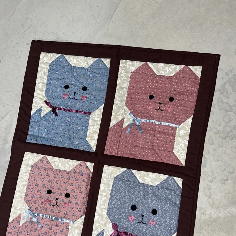Kitty Cat Quilt Wall Hanging Handstitched Artwork SZ 20x25 Baby Blue Pink